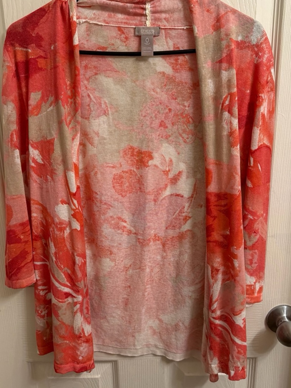 Chico's Coral and Cream Floral Open Cardigan